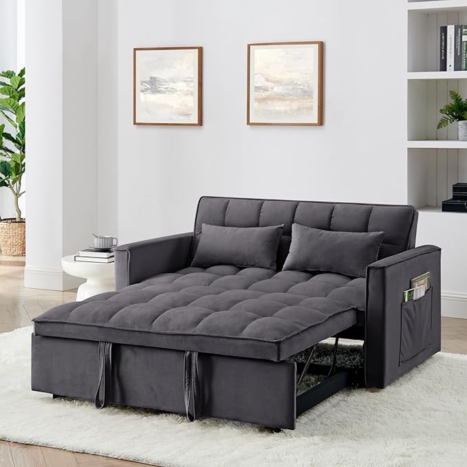 KEIKI 54.33 Pull-Out Sofa Couch Bed 2 in 1 Convertible Velvet Sleeper Sofa with Adjustable Back for Apartment Living Room Antique Gray