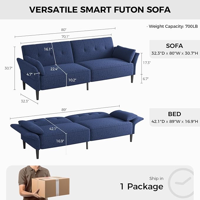 89” Futon Sofa BedComfy Futon Couch Bed with 2 Square PillowsConvertible Sleeper Sofa with Adjustable Backrest&amp Armrests Modern Loveseat Sleeper for Living Room Bedroom Linen Blue