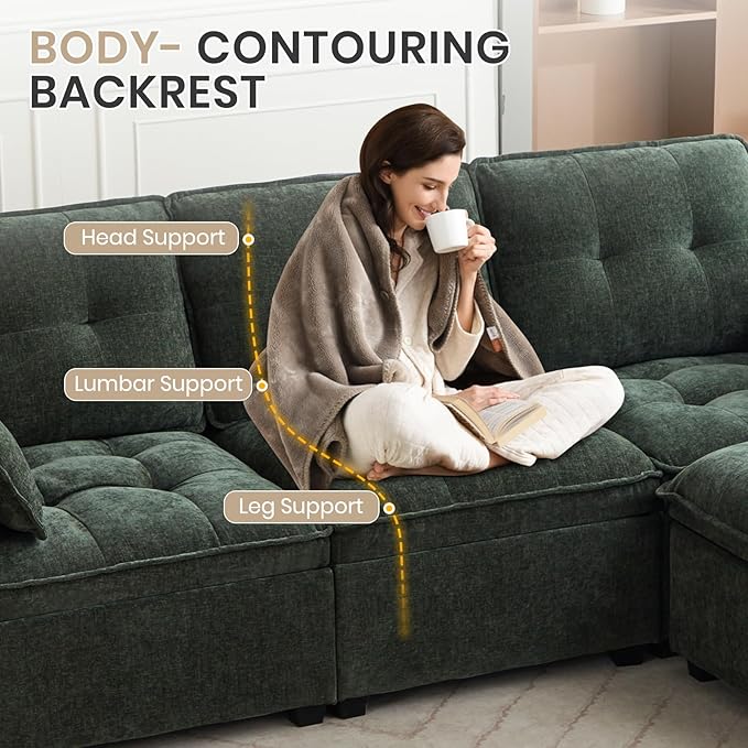 98'' Modular Sectional Sofa Comfty Cloud Couch L Shape with Movable Ottoman 4-Seat Chenille Deep Seat Sofa with Throw Pillow Sectional Couches for Living Room Office(Green 3-seat)