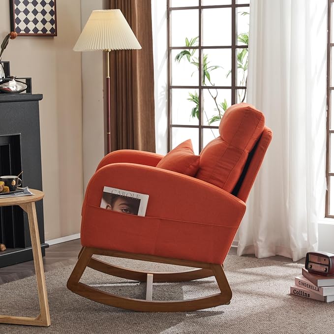 VINGLI Orange Linen Rocking Chair Nursery with Thick Headrest Upholstered Mid-Century Modern Nursing Rocker Glider with Curved Armrest Sturdy Solid Wood Base for Living Room Bedroom Baby Room