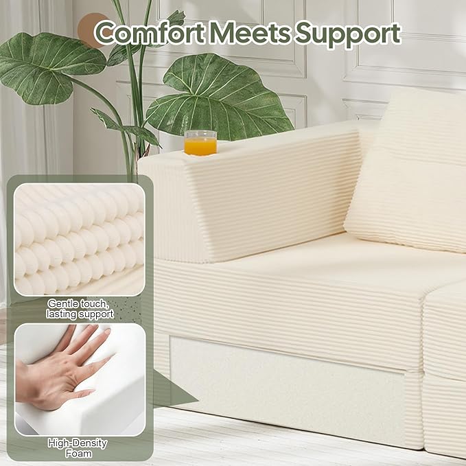 COMAX Futon Sofa Bed 3 Seater 106 Convertible Sofa Bed Couches for Living Room 4 in 1 Folding Boneless Sleeper Corduroy Couch Foam in a Box Comfy Foldable Lounge Fold Out Floor Mattress Beige
