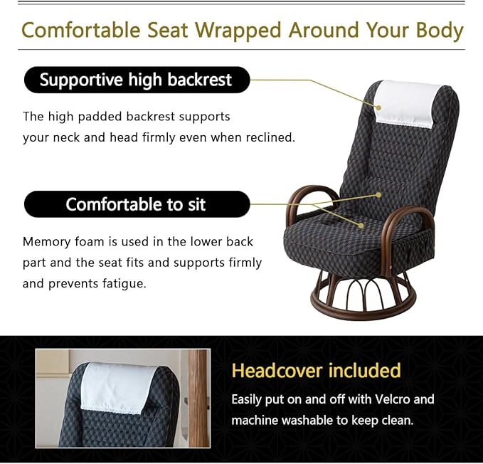 EMOOR Tatami Chair Japanese-Style Swivel Chair RYOKAN (Navy) Natural Rattan Armrest Recliner Living Room Upholstered Single Futon Sofa