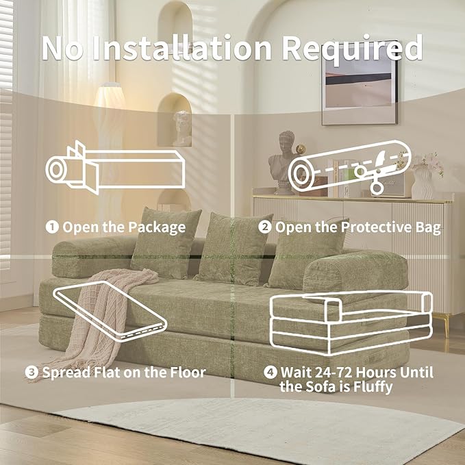 Convertible Sofa Bed 4-in-1 Floor Foldable Couch Bed with Armrests &amp Pillow Chenille Fabric No Assembly Required Comfy Memory Foam Couch Lounge Sofa for Living Room Green