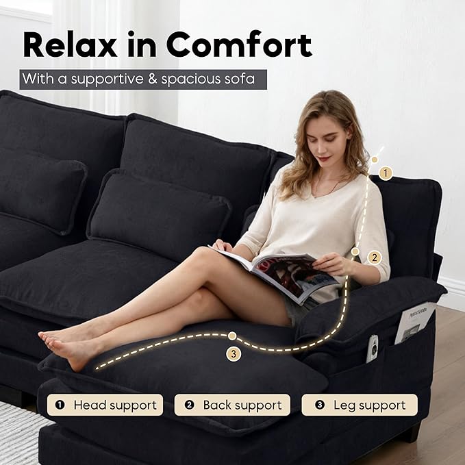 U Shape Sectional Sofa Cloud Couch Modern Chenille Comfy Modular Sofa 4 Seat Upholstery Sleeper Sofa with Double Chaise for Living Room Bedroom Black