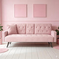 72 Pink Velvet Futon Sofa Bed - 2 Cup Holders 3-Position Convertible Pink Couch for Living Room Small Spaces with Nailhead Trim