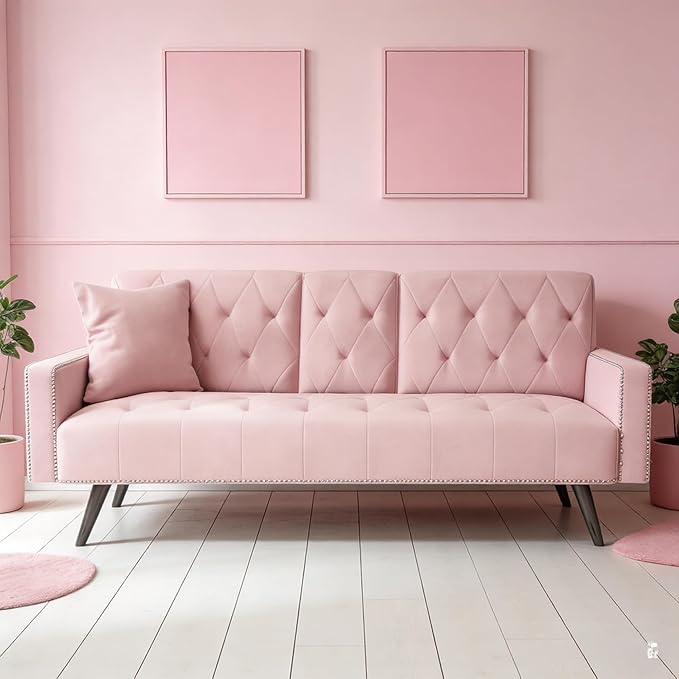 72 Pink Velvet Futon Sofa Bed - 2 Cup Holders 3-Position Convertible Pink Couch for Living Room Small Spaces with Nailhead Trim