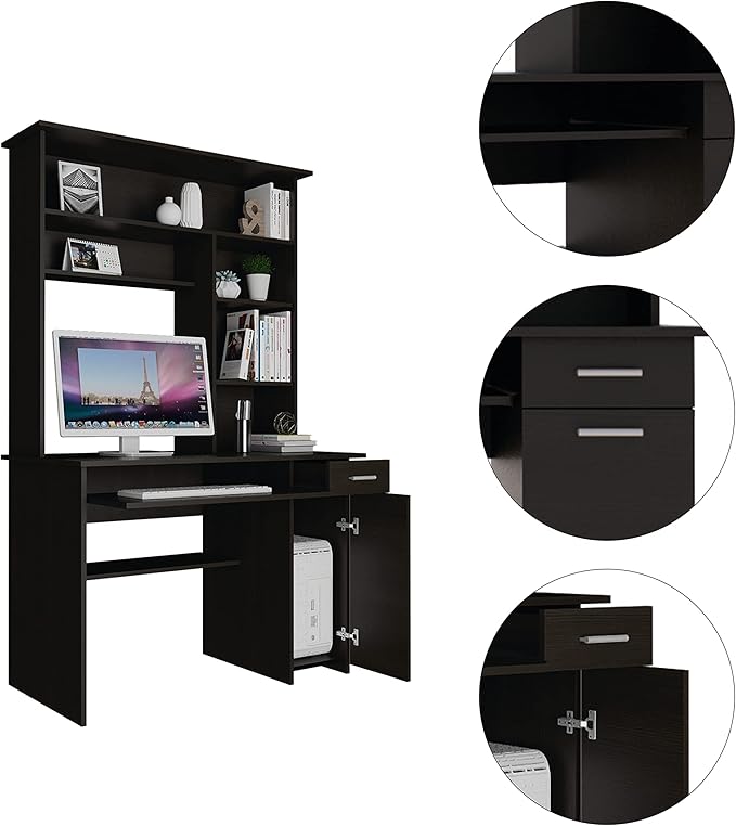 Black Computer Desk with Shelves Keyboard Tray &amp CPU Panel - Home Office Workstation