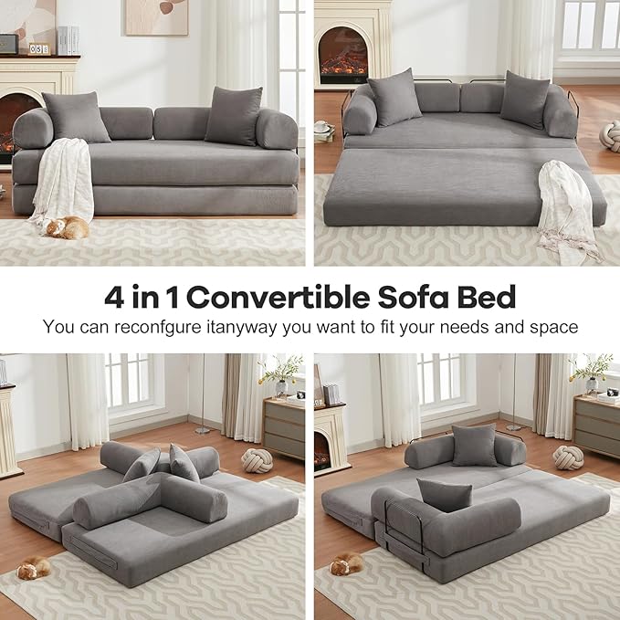 Convertible Folding Sofa Bed Modular Floor Sofa with Removable Backrest Corduroy Folding Mattress Couch with Fixed-Shape Frame for Living Room Bedroom Lounge (Grey)