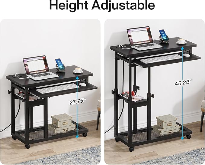 Tribesigns Small Portable Desk with Power Outlet Height Adjustable Sofa Couch Bedside Laptop Table with Wheels Mobile Standing Desk Rolling Computer Cart C Side Table with USB Ports