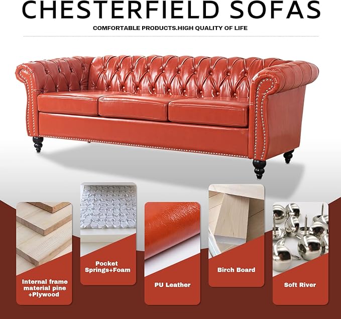 Chesterfield Sofa Orange Faux Leather Sofas for Living Room 84 Rolled Arm 3-Seater Couch Deep Button Nailhead Upholstered Couches High-End Furniture Easy to Assemble