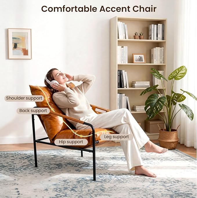 Modern Faux leather Armchair Comfy Accent Chair with Sturdy Metal Frame Wood Armrest And bag Living Room chairs Soft Cushion Lounge couch sofa Chair Oversized Reading chair for Bedroom Patio Porch