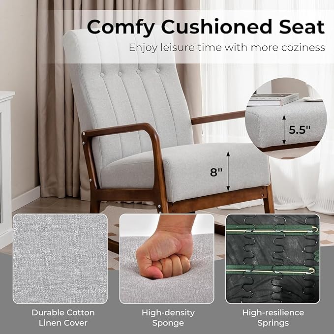 KOMFOTT Rocking Chair with Ottoman Set of 2 Upholstered Rocker Chair with Footrest Side Pocket Stable Rubber Frame &amp Tufted Backrest Mid-Century Modern Rocking Accent Chair for Living Room Gr