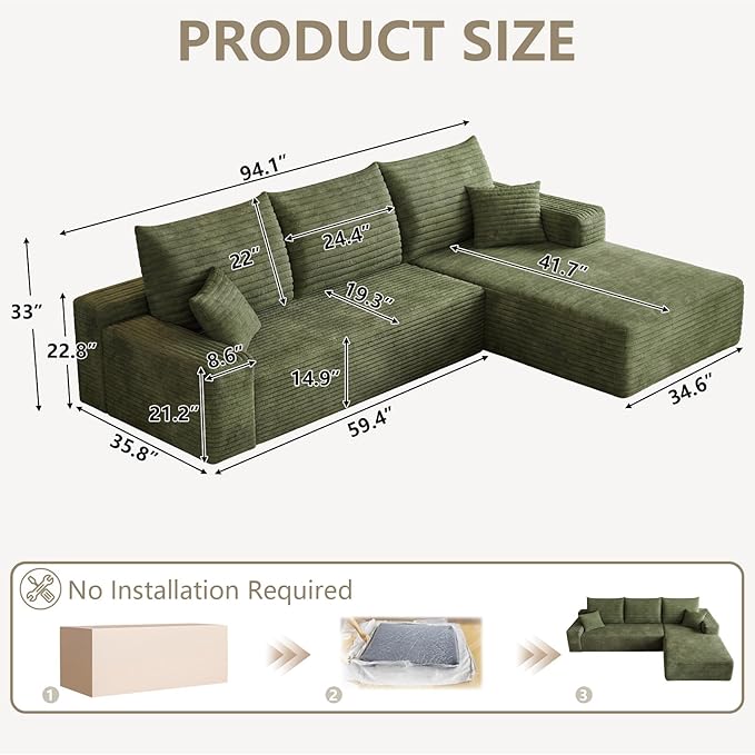 95 Modular Sectional Sofa Cloud Sectional Couch with Deep Seat Corduroy Boneless Couch with L-Shape Sofa for Living Room No Assembly Required(Green Right Facing Chaise)