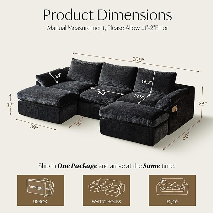 Vamcheer U Shaped Cloud Couch - Utra Soft Modular Sectional Sofa with 2 Movable Ottoman Deep Seat Boneless Couches for Living Room Bedroom Office No Assembly Required Black