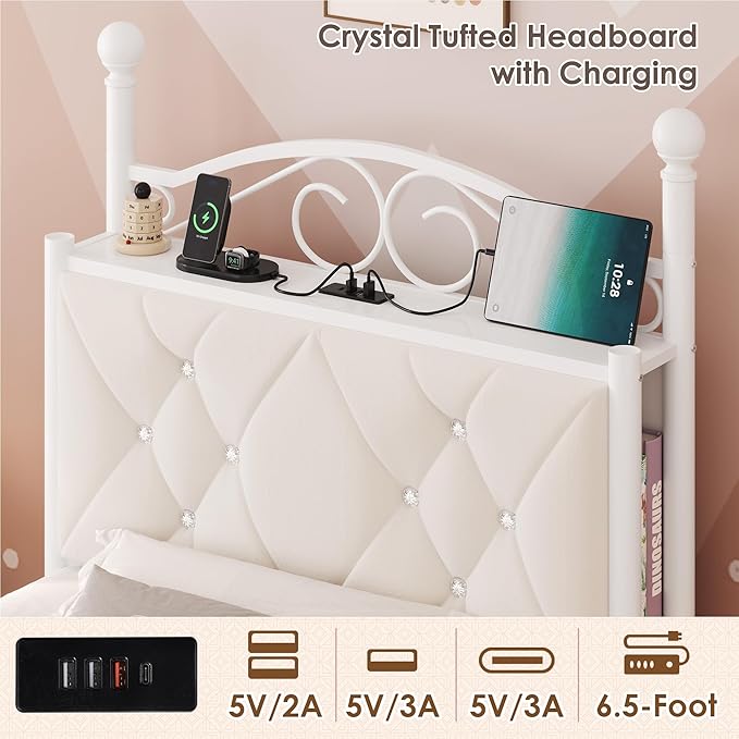 Keyluv Twin Upholstered Canopy Bed Frame with Drawer &amp Crystal Tufted Storage Headboard Metal Platform Bed with Charging Station &amp 4 Removable Posts No Box Spring Needed Curtain Not Included