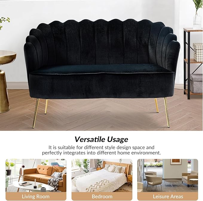 Velvet Upholstered Loveseat Sofa with Gold Metal Legs Modern Comfy Small Love Seat with Flower Shaped Back 2-Seater Sofa Accent Couch for Living Bedroom Leisure Areas