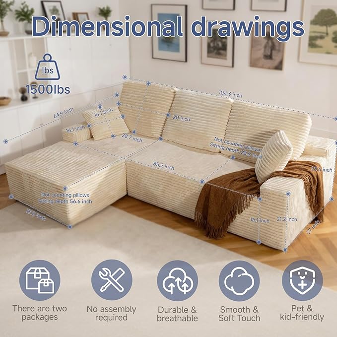 105 Cloud Modular Boneless Couch Left Facing L-Shaped Chaise Sectional Sofa - No Assembly Required Plush Corduroy &amp Memory Foam for Living Room Bedroom Apartment (Beige)
