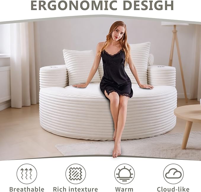 55 White Oversized Round Boneless Couch Sofa Velvet Memory Foam Cloud Couches Lounge Chair Comfy Fluffy Single Sofa with 3 Pillows for Living Room Bedroom No Assembly Required (White .)