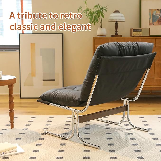 Modern PU Leather Living Room Chair-High Back Ergonomic Lounge Chair with Soft Padded Seat &amp Sturdy Metal Legs Mid-Century Stylish Living Room Reading Chair for Office Bedroom(Black + Faux Leath