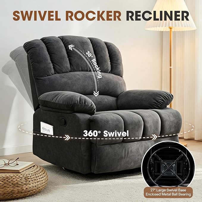 COOSLEEP Oversized Manual Swivel Rocker Recliner Chair Extra Wide Glider Rocker Recliner for Big and Tall Overstuffed Lazy Recliner Chair with High Back Single Sofa Chair for Living Room(Dark Gray)