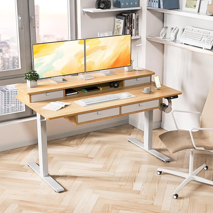 Kingant 55 x 30 Inch Electric Standing Desk with 4 Drawers Adjustable Height Computer Desk for Home Office Large Workstation Sit Stand Up Desk with Built-in USB A/C Charging Ports Nature
