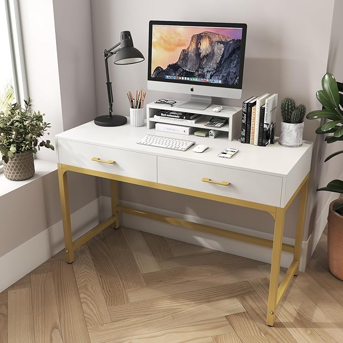 WESTREE Women Makeup Vanity Desk with 2 Drawers - Bedroom Home Office Desk Wooden Height Monitor Stand &amp Storage Shelf Without Mirror White Table Great Gift for Her