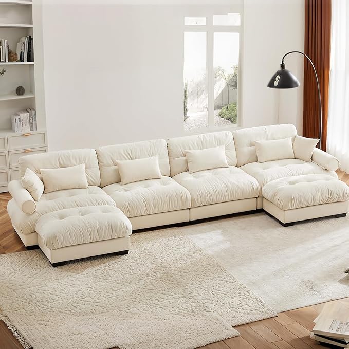 Ottoman for Large Sectional Couches for Living Room Cloud Modern Modular Deep Seat Sofa Set Comfy Couches Velvet Sofá para Sala Bedroom Apartment Beige