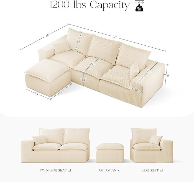107 Comfy Cloud Couch with L-Shape Chaise &amp Deep Seat Modular Sectional Sofa in a Box Boneless Upholstered Couches for Living Room No Assembly Required (Soft Corduroy Beige)