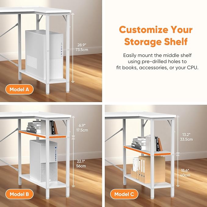 DUMOS L Shaped Desk with Shelf Drawers 47 Inch White Corner Computer Desks Gaming with Power Outlet Study Table with Adjustable Shelves Home Office Tables for Bedroom Teacher Reading Writing