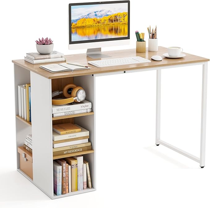 Tangkula Computer Desk with Storage Shelves Home Office Desk with 5 Side Shelves &amp Metal Frame Space Saving Laptop PC Desk Writing Study Desk Modern Vanity Desk for Bedroom (Natural)