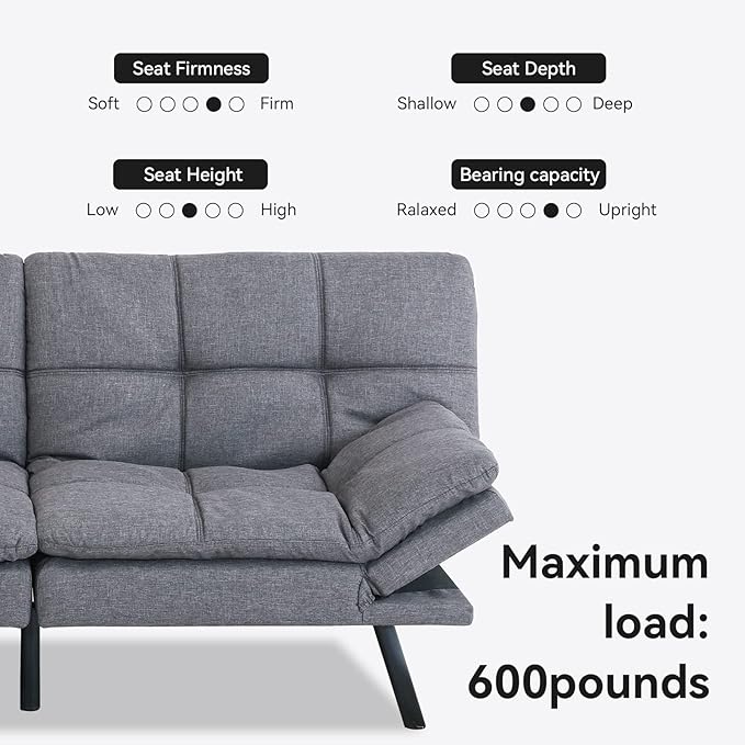Opoiar Futon Sofa Bed Grey Fabric Memory Foam Leather Futon Split SeatModern Sleeper Love SeatFolding Modern Sleeper Sofa for Small Space/Drom/Office/Apartment