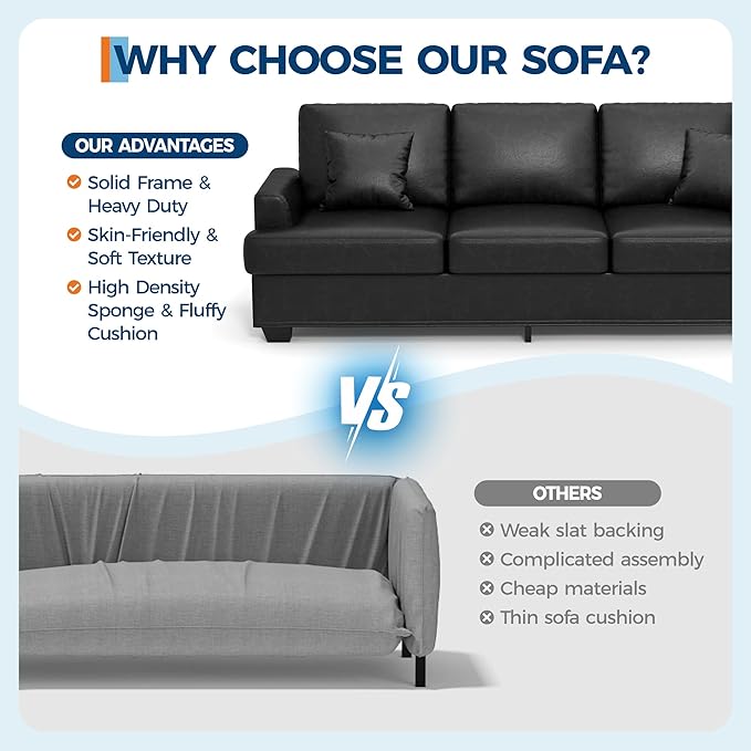 IDEALHOUSE Modern 86 Leather Sofa with 2 Throw Pillows Deep Seat Couch with Upholstered Cushion &amp Removable CoverComfy Faux Leather Sofa Couch for Small Space Apartment Lounge Black