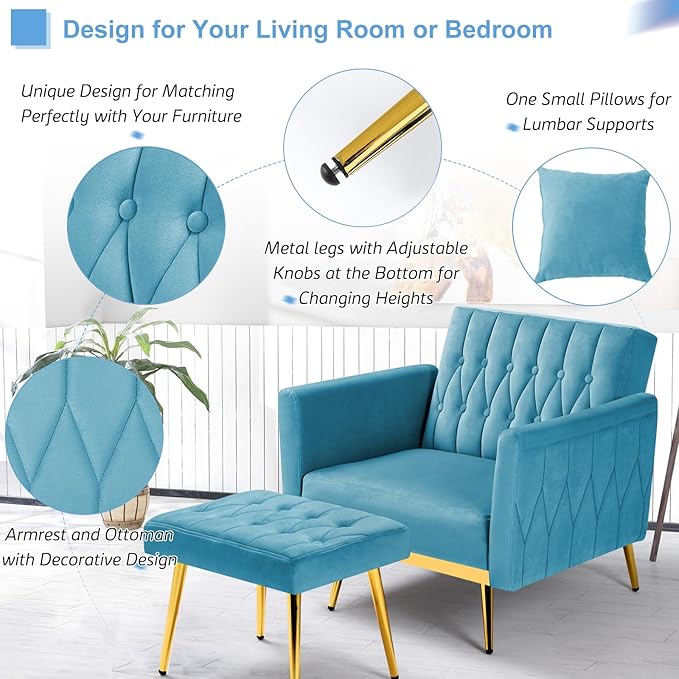 2 Pieces Velvet Sofa Set with Adjustable Armrest and Backrest 70” Convertible Futon Sofa Bed &amp Mordern Accent Chair with Ottoman for Living Room Bedroom Baby Blue