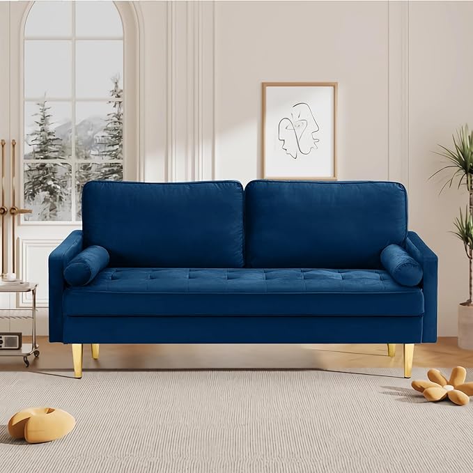 SZLIZCCC 67 LoveSeat Sofa Love Seat Couch Mid Century Modern Couchs Velvet Fabric Pull Dot Design Sofas with Two Round Pillows for Small Spaces Living Room Dorm Bedroom Apartment (67 Navy)