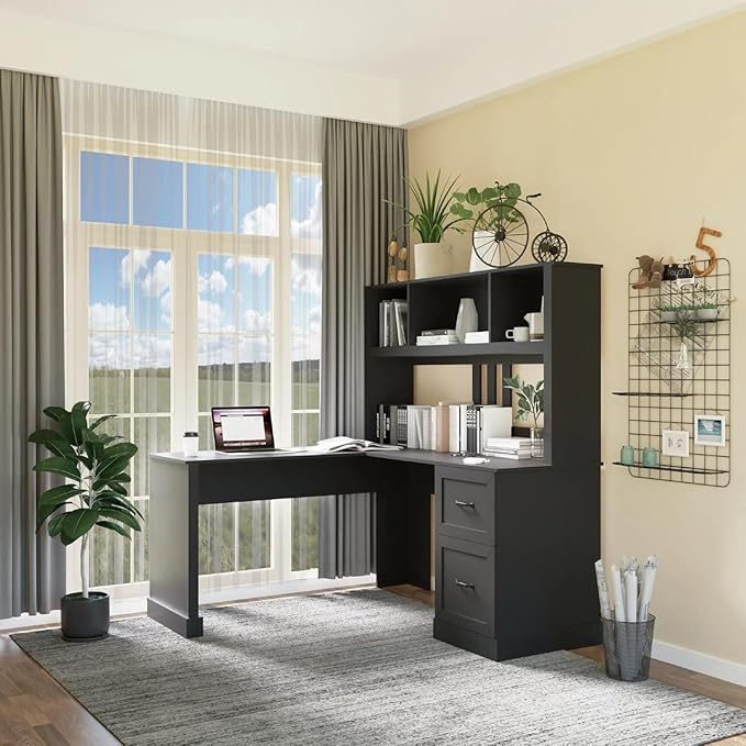 WERSMT L Shaped Computer Desk with Drawers Corner Desk Large Storage Gaming Desk Home Office Desks with Bookshelf Easy to Assemble Black