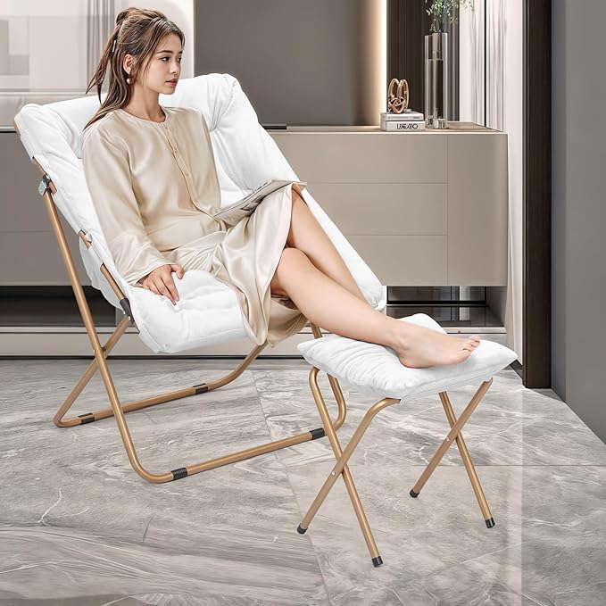 MoNiBloom Square Folding Faux Fur Saucer Chair for Bedroom Living Room Dorm Foldable Metal Frame Oversized Large Comfy Furry Padded Soft Cozy Moon Chair with Footrest Ottoman for Adults (White 2 Set)