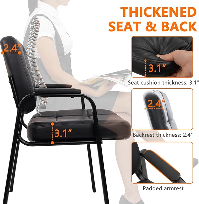 CLATINA Big &amp Tall 500 lbs Leather Office Reception Chair No Wheels with Padded Arms Waiting Room Guest Chair for Elderly Home Desk Conference Room Lobby Side Salon Clinic Black