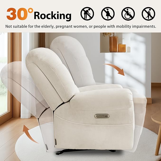 EONIX Mordern Massage Rocker Recliner Chair Dual Motor Power Rocking Recliners for Small Spaces Lazy Boy Recliner Chair with Heat and Massage for Living Room Bedroom Study Pearl White