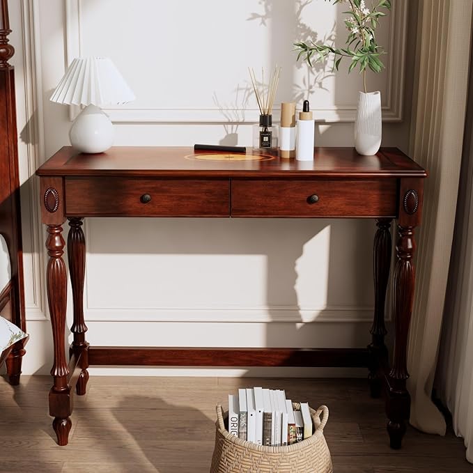 Solid Wood Computer Writing Desk with 2 Storage Drawers Traditional Vanity Dressing Table Small Home Office Desk Corner Table Easy Assembly 39.37” x 15.74” x 30.9” Cherry Red Walnut SSZ1533WD