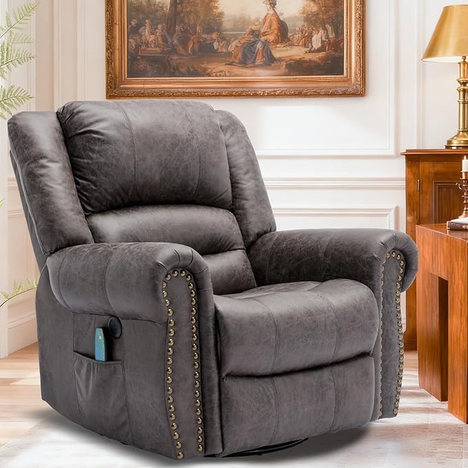 Manual Massage Swivel Rocker Recliner with Heat and Vibration 360° Swivel Glider Rocking Recliner Chair Classic Living Room Lounge Recliners with Side Pockets &amp USB Ports Grey
