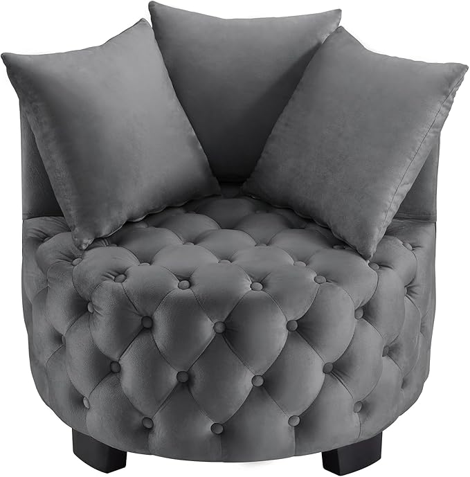 KEIKI Large Velvet Upholstered Barrel Accent Chair w/3 PillowsModern Tufted Leisure Single Cloud Sofa Reading ArmchairComfy Round Living Room Deep Cushion Seating for Office &amp ApartmentDark Gra