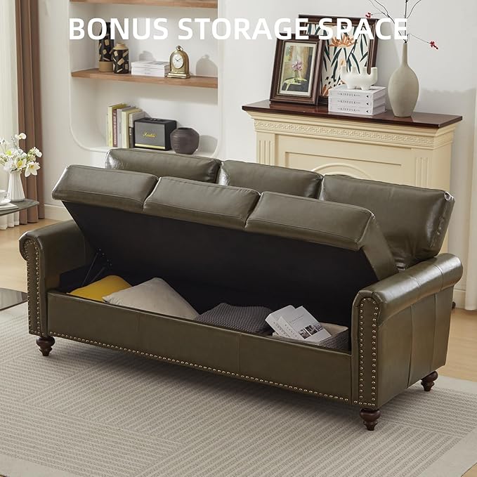 80 Faux Leather Sofa with Storage Mid-Century Modern Rolled Arm Couches for Living Room Furniture Easy Tool-Free Assembly Nailhead Trim(Dark Green)