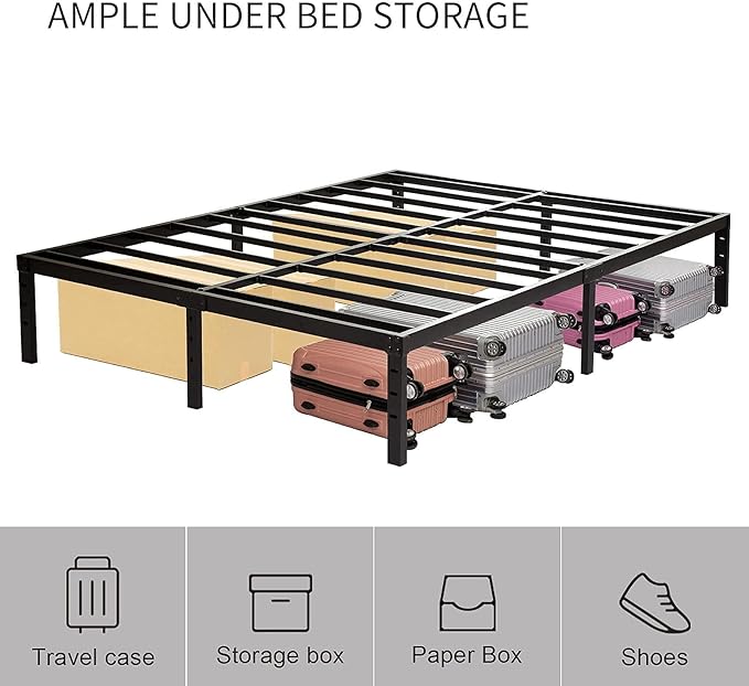King Size Bed Frame 3500lbs Heavy Duty Metal Frames with Steel Slats Support 14 Inch High Platform Bedframe with Storage No Box Spring Needed Sturdy and Durable Noise-Free Black