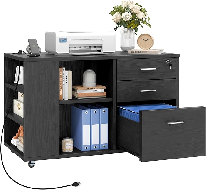 DWVO File Cabinet with Charging Station 3 Drawer Mobile Filing Cabinet with Lock Printer Stand with Open Storage Shelf for Home Office Black