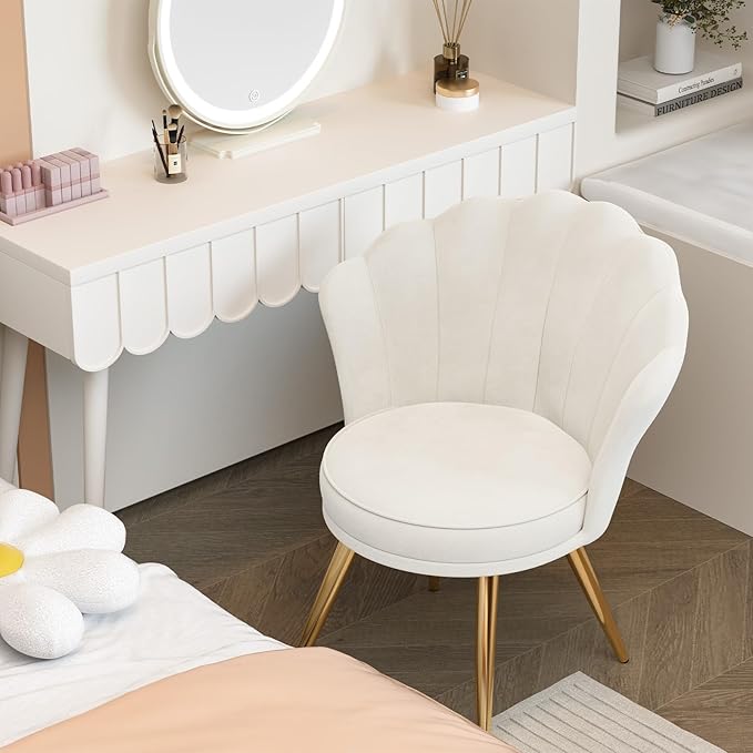 Velvet Accent Chair with Gold Metal Legs Vanity Chair for Makeup Room Upholstered Guest Chair for Living Room for Bedroom White
