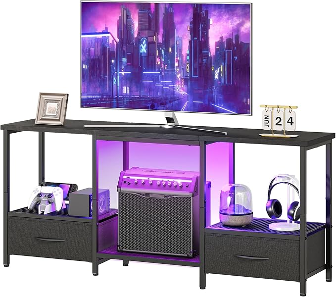 HOOBRO LED TV Stand with Storage LED Entertainment Center with Open Shelves and Drawer Fits TVs up to 55 Television Stand for Living Room Bedroom Black BB123DDS01G1