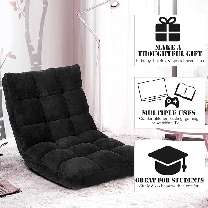 LDAILY 14-Position Floor Chair Adjustable Gaming Chair with Strong Back Support Padded Cushion Folding Couch Recliner Sofa Ideal for Floor Seating Reading Gaming(Black)