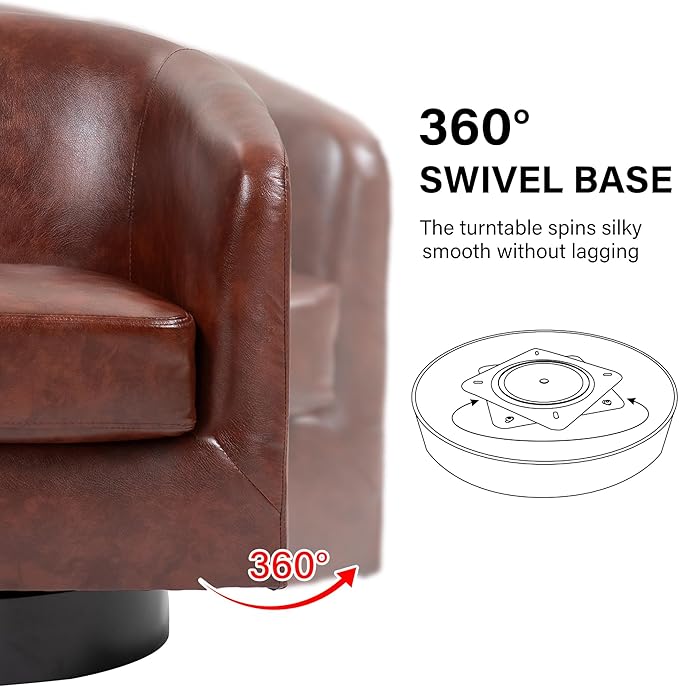 Swivel Barrel Accent Chair Modern Round Faux Leather Arm Chair for Living Room Bedroom Comfy Club Reading Chairs for Adults(Faux Leather Red Brown Set of 1)