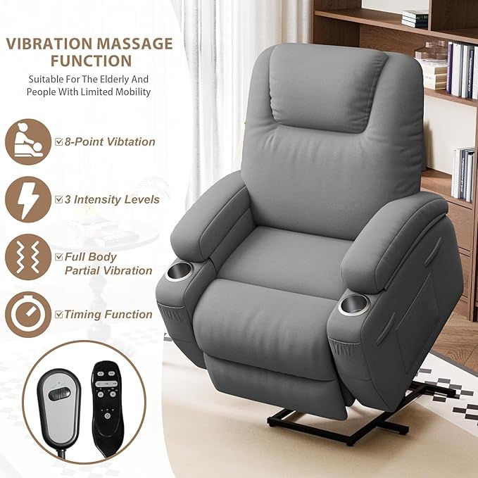 Flamaker Power Lift Chair Massage Recliner Chairs for Elderly - Ergonomic Design with Cup Holders &amp Side Pockets Remote Control (Gray)