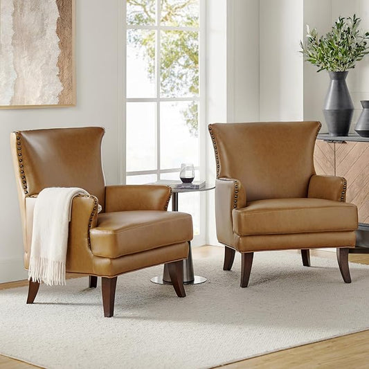 HULALA HOME Faux Leather Accent Chair with Arms for Living Room Modern Leather Single Sofa Armchair with Nailhead Trim Vegan Leather Wingback Accent Chair Lounge Sofa Chair Camel-S2